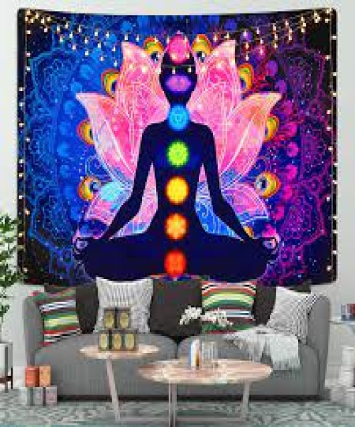 Poster wall rug decorated with an image of the seven chakras and lotus leaves in a hippie style