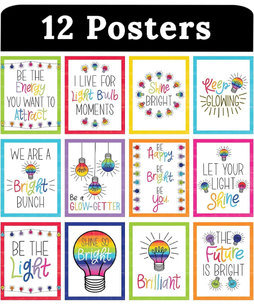 set of posters in the shapes of light bulbs with motivational phrases - 12 posters 
