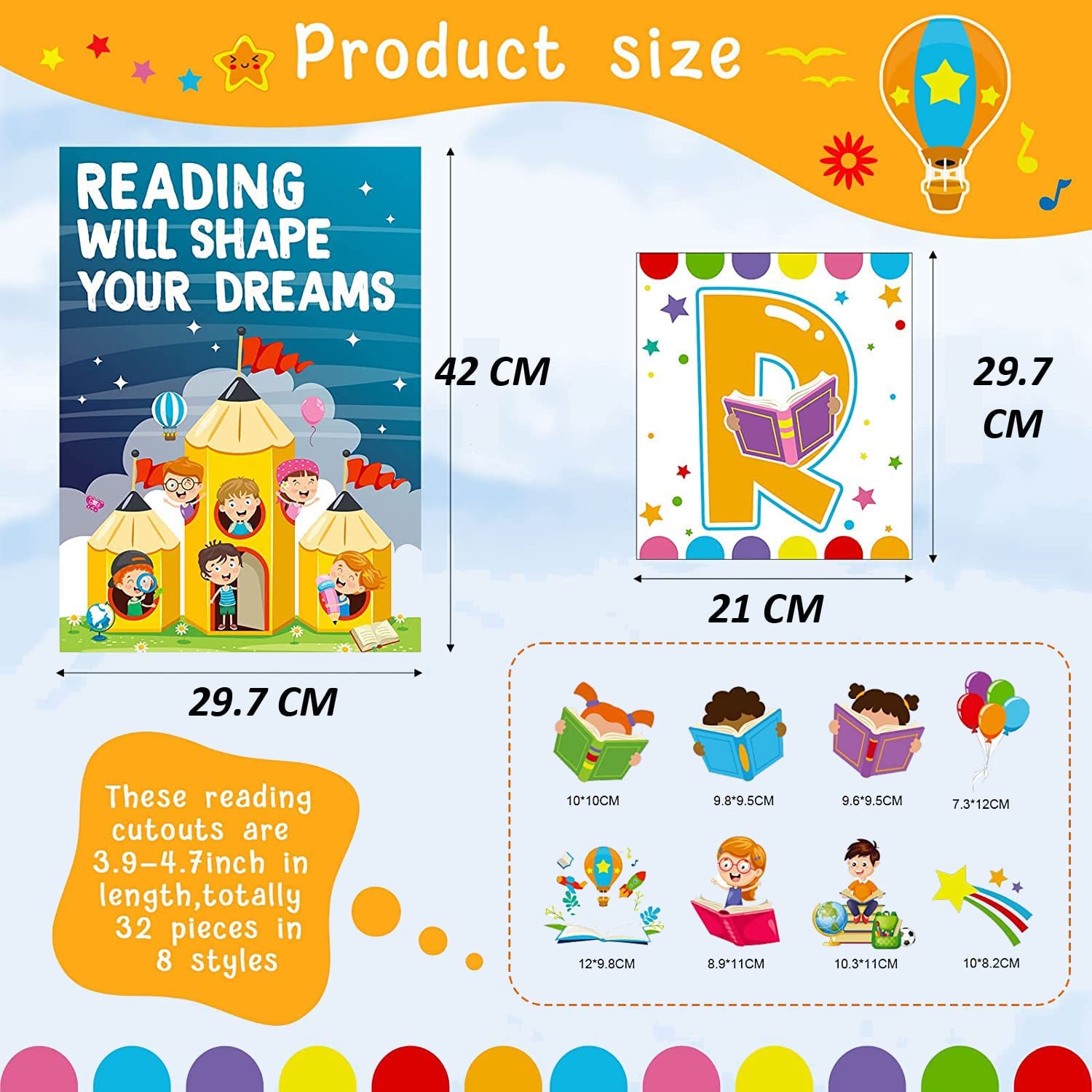 A set of posters with educational prints about reading