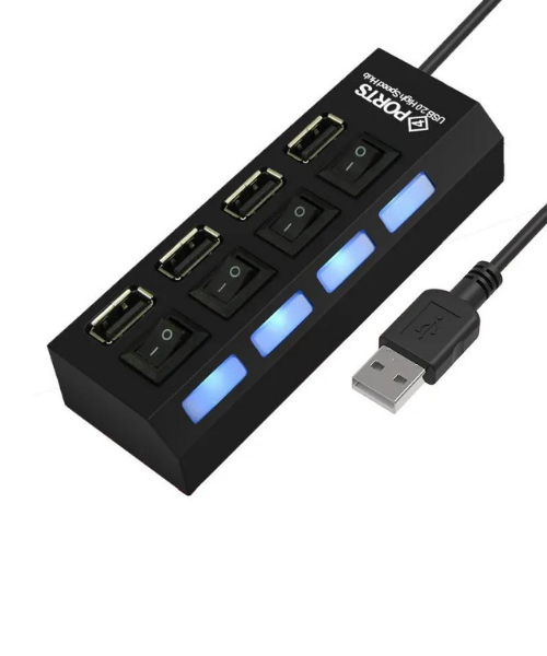 USB2.0 hub with 4 ports, LED lighting, with a 40cm high-speed extension cable, black color