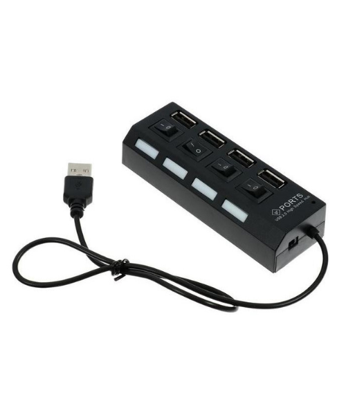 USB2.0 hub with 4 ports, LED lighting, with a 40cm high-speed extension cable, black color