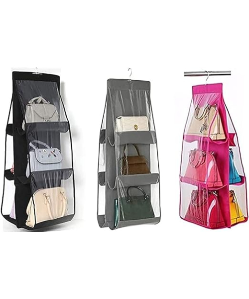 A large luggage cabinet with 6 pockets for storing handbags with a large transparent dust-resistant cover - multi-color