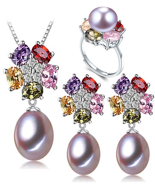Pure natural pearl Set and 925 sterling silver with colored crystal (necklace- pair of earrings -ring whose size can be adjusted) +Jewelry storing box (Purple)