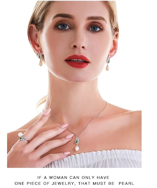 Pure natural pearl Set and 925 sterling silver with crystal & gates (necklace- pair of earrings -ring whose size can be adjusted) +Jewelry storing box (White)