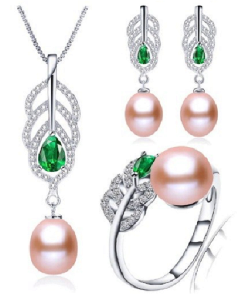 Pure natural pearl Set and 925 sterling silver with crystal & gates (necklace- pair of earrings -ring whose size can be adjusted) +Jewelry storing box (Pink)