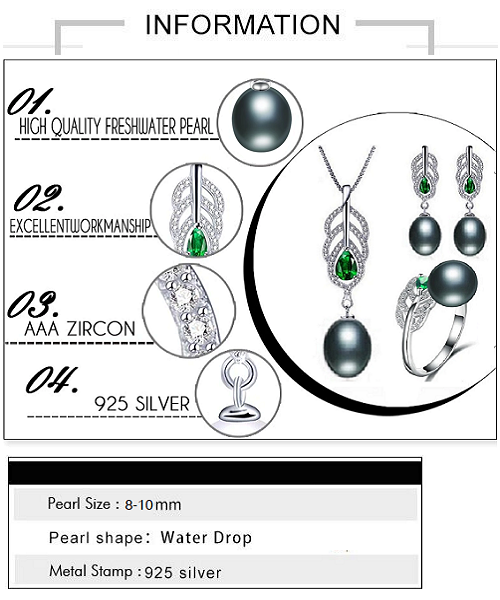 Pure natural pearl Set and 925 sterling silver with crystal & gates (necklace- pair of earrings -ring whose size can be adjusted) +Jewelry storing box (Black)