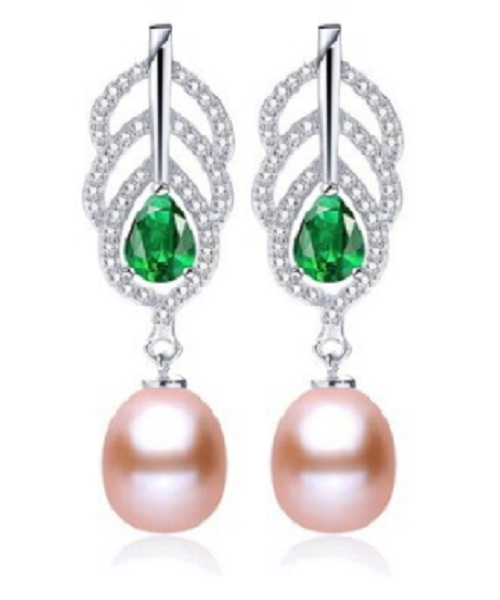 Pure natural pearl Set and 925 sterling silver with crystal & gates (necklace- pair of earrings -ring whose size can be adjusted) +Jewelry storing box (Pink)