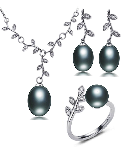Pure natural pearl Set and 925 sterling silver with crystal shape of a tree branch (necklace- pair of earrings -ring whose size can be adjusted) +Jewelry storing box (Black)