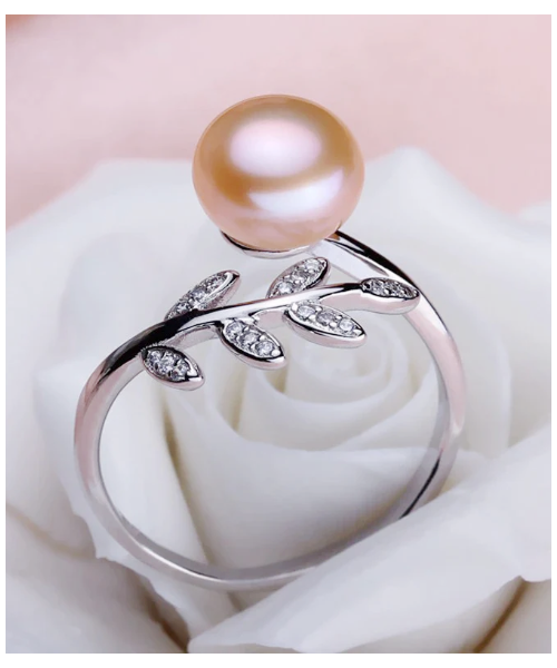 Pure natural pearl Set and 925 sterling silver with crystal shape of a tree branch (necklace- pair of earrings -ring whose size can be adjusted) +Jewelry storing box (Pink)