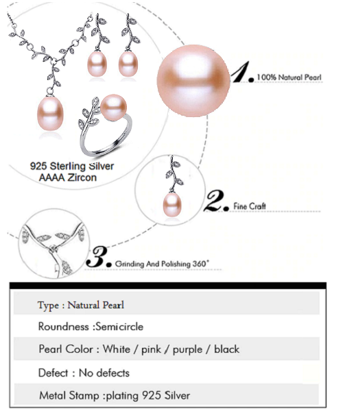 Pure natural pearl Set and 925 sterling silver with crystal shape of a tree branch (necklace- pair of earrings -ring whose size can be adjusted) +Jewelry storing box (Pink)