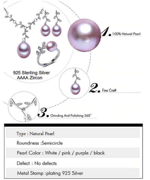 Pure natural pearl Set and 925 sterling silver with crystal shape of a tree branch (necklace- pair of earrings -ring whose size can be adjusted) +Jewelry storing box (Purple)