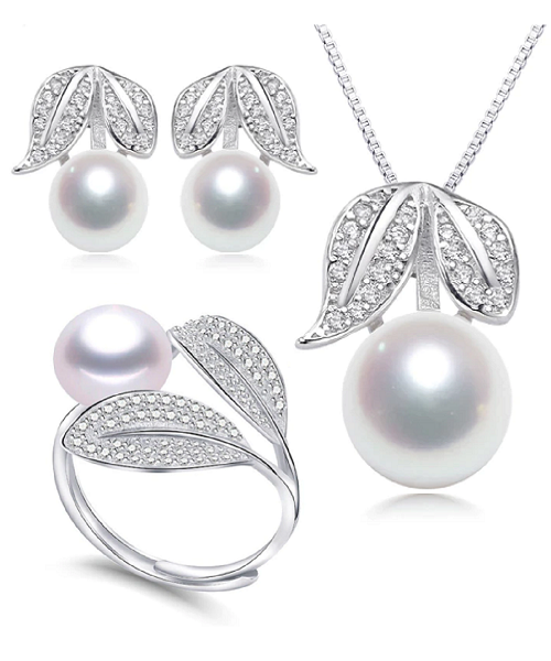 Pure natural pearl Set and 925 sterling silver with crystal- leaves shape (necklace- pair of earrings -ring whose size can be adjusted) +Jewelry storing box (White)