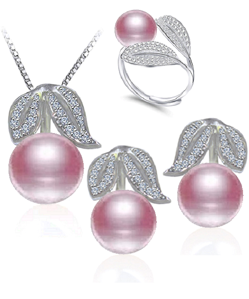 Pure natural pearl Set and 925 sterling silver with crystal- leaves shape (necklace- pair of earrings -ring whose size can be adjusted) +Jewelry storing box (Purple)