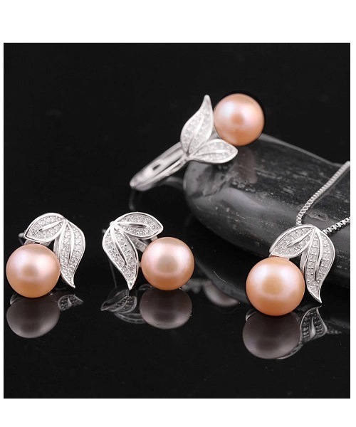 Pure natural pearl Set and 925 sterling silver with crystal- leaves shape (necklace- pair of earrings -ring whose size can be adjusted) +Jewelry storing box (Pink)
