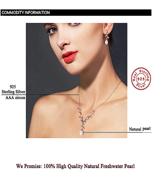 Pure natural pearl Set and 925 sterling silver with crystal shape of a tree branch (necklace- pair of earrings -ring whose size can be adjusted) +Jewelry storing box (White)