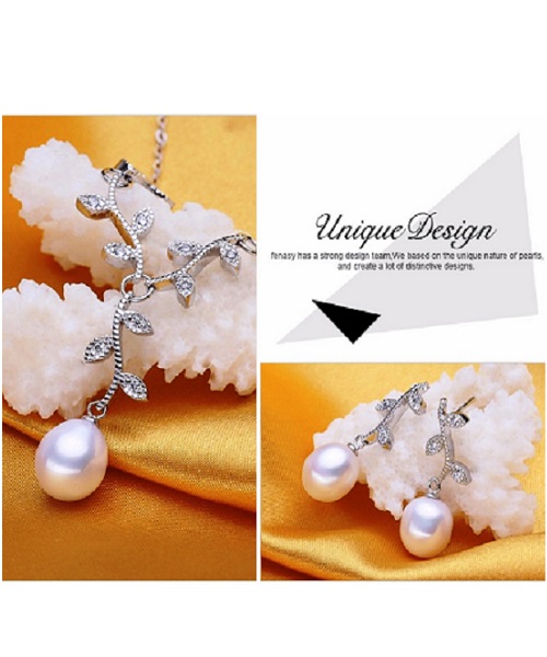 Pure natural pearl Set and 925 sterling silver with crystal shape of a tree branch (necklace- pair of earrings -ring whose size can be adjusted) +Jewelry storing box (White)