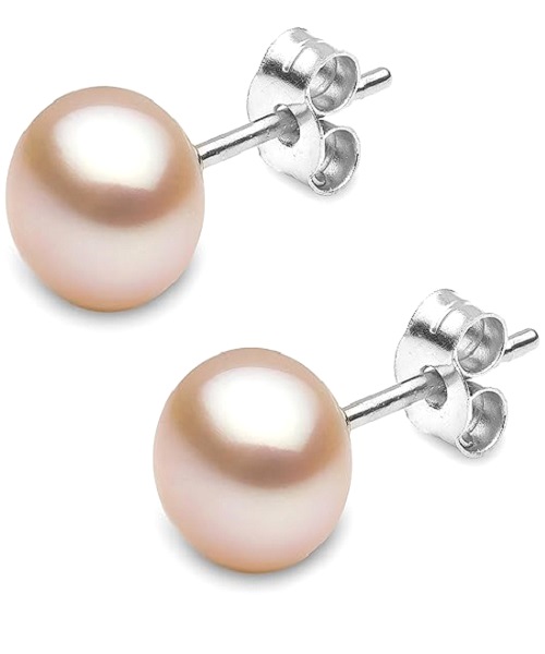 Pure natural pearl earrings & 925 sterling silver for women, Pink, size 8mm, elegant wedding jewelry (send gift box)