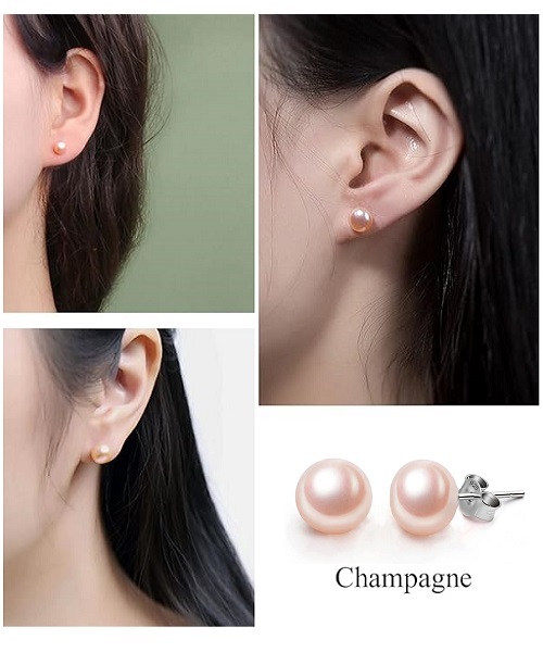 Pure natural pearl earrings & 925 sterling silver for women, Pink, size 10mm, elegant wedding jewelry (send gift box)