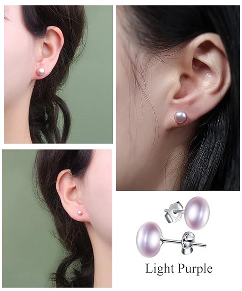 Pure natural pearl earrings & 925 sterling silver for women, Purple, size 6mm, elegant wedding jewelry (send gift box)