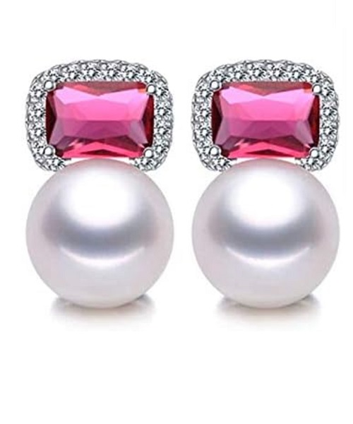 Pure natural pearl earrings & 925 sterling silver with crystal for women,White elegant wedding jewelry (send gift box)