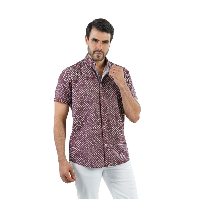 CLEVER Cotton Shirt Short Sleeve For Men - Burgundy