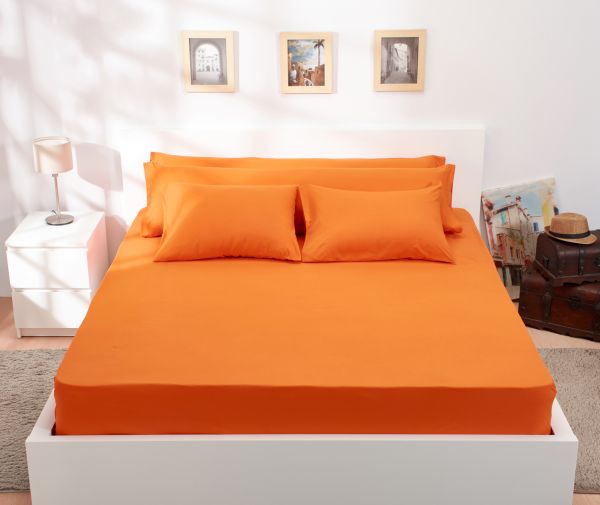 Solid Fitted Bed Sheet Set 4 Pieces 240X260 Cm - Orange