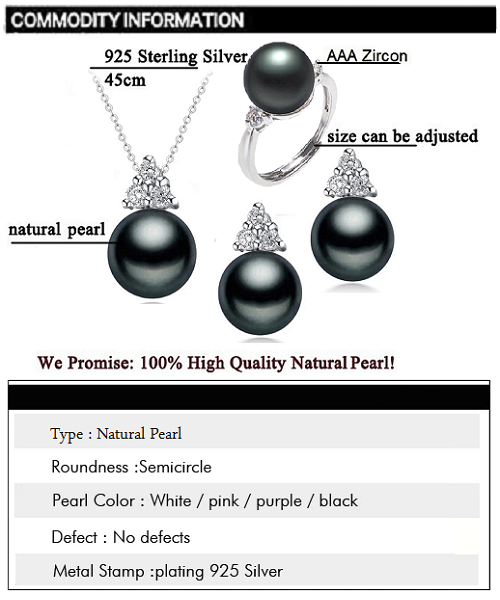 Pure natural pearl Set and 925 sterling silver with crystal NP870001  (necklace- pair of earrings -ring whose size can be adjusted) +Jewelry storing box (Black)