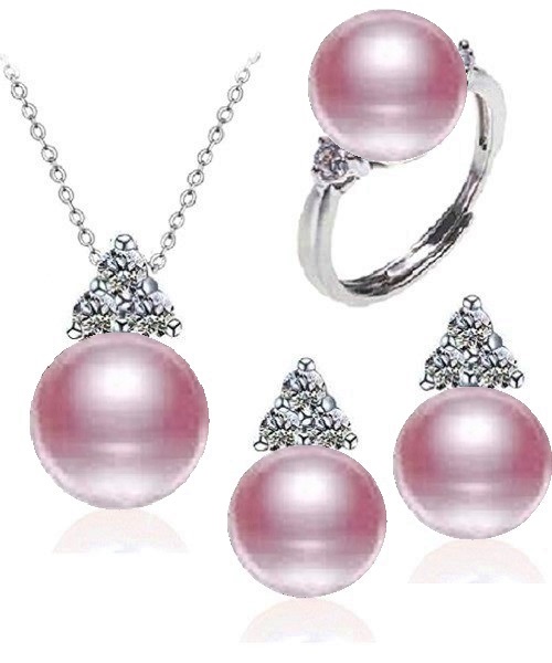 Pure natural pearl Set and 925 sterling silverwith crystal NP870001(necklace- pair of earrings -ring whose size can be adjusted) +Jewelry storing box (Purple)