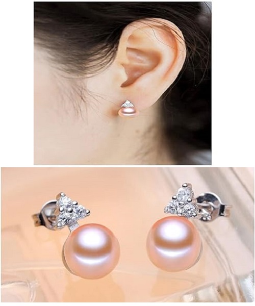 Pure natural pearl Set and 925 sterling silver with crystal NP870001 (necklace- pair of earrings -ring whose size can be adjusted) +Jewelry storing box (Pink)