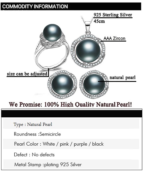 Pure natural pearl Set and 925 sterling silver with crystal NP870002 (necklace- pair of earrings -ring whose size can be adjusted) +Jewelry storing box (Black)