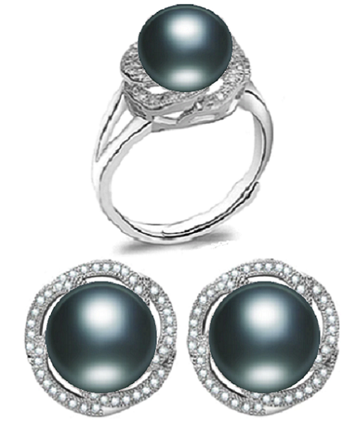 Pure natural pearl Set and 925 sterling silver with crystal NP870002 (necklace- pair of earrings -ring whose size can be adjusted) +Jewelry storing box (Black)