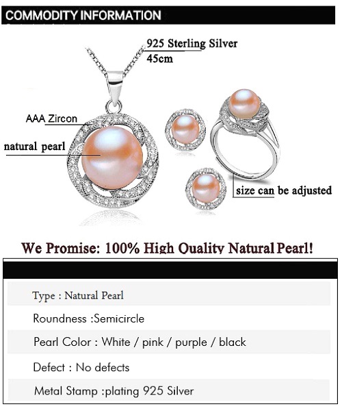 Pure natural pearl Set and 925 sterling silver with crystal NP870002(necklace- pair of earrings -ring whose size can be adjusted) +Jewelry storing box (Pink)