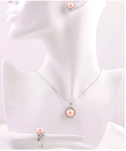 Pure natural pearl Set and 925 sterling silver with crystal NP870002(necklace- pair of earrings -ring whose size can be adjusted) +Jewelry storing box (Pink)