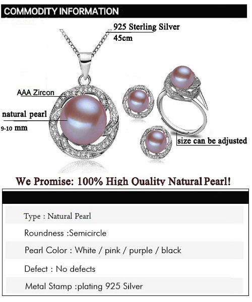 Pure natural pearl Set and 925 sterling silverwith crystal NP870002(necklace- pair of earrings -ring whose size can be adjusted) +Jewelry storing box (Purple)
