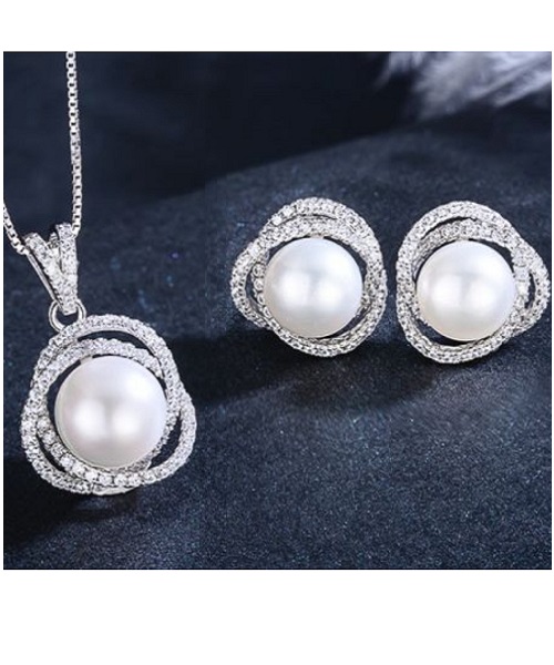 Pure natural pearl Set and 925 sterling silver with crystal NP870003 (necklace- pair of earrings -ring whose size can be adjusted)+Jewelry storing box (White)