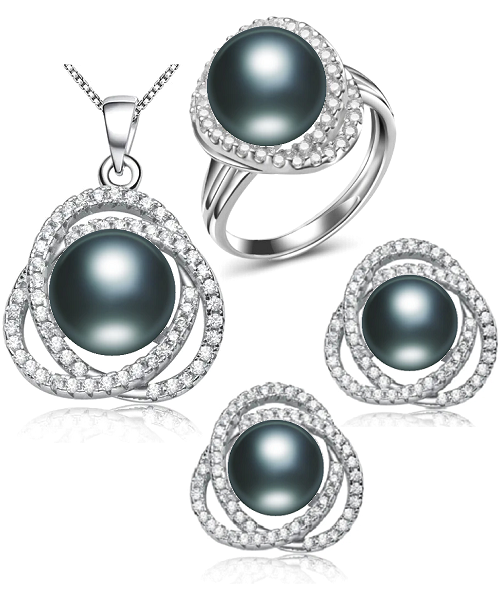 Pure natural pearl Set and 925 sterling silver with crystal NP870003(necklace- pair of earrings -ring whose size can be adjusted) +Jewelry storing box (Black)