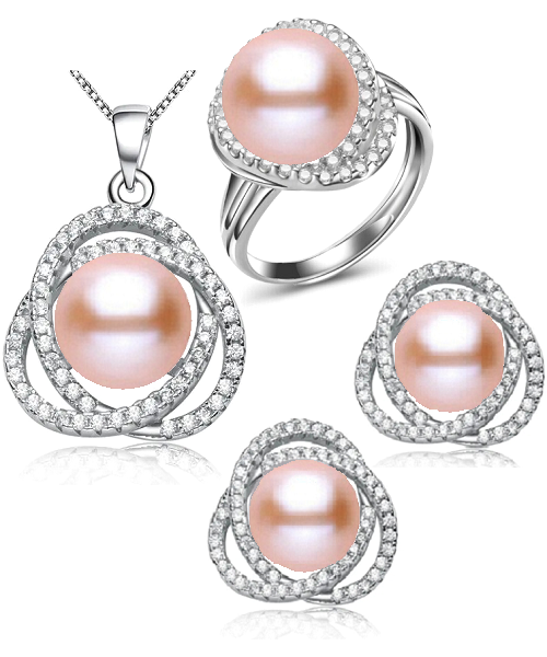 Pure natural pearl Set and 925 sterling silver with crystal NP870003(necklace- pair of earrings -ring whose size can be adjusted) +Jewelry storing box (Pink)