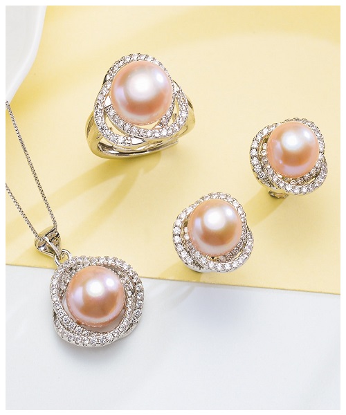 Pure natural pearl Set and 925 sterling silver with crystal NP870003(necklace- pair of earrings -ring whose size can be adjusted) +Jewelry storing box (Pink)