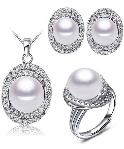 Pure natural pearl Set and 925 sterling silver with crystal NP870004(necklace- pair of earrings -ring whose size can be adjusted)+Jewelry storing box (White)