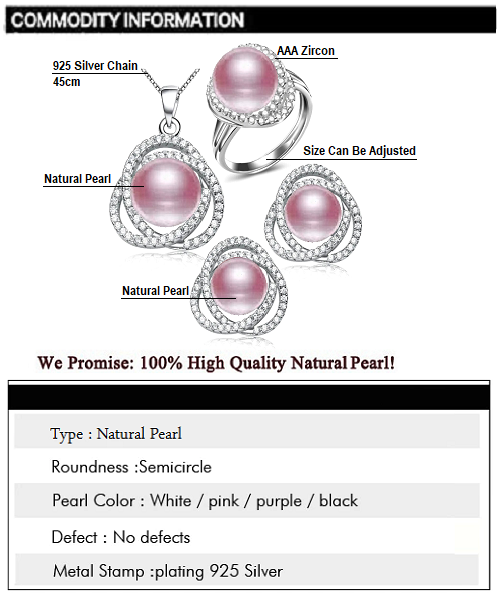 Pure natural pearl Set and 925 sterling silverwith crystal NP870003(necklace- pair of earrings -ring whose size can be adjusted) +Jewelry storing box (Purple)