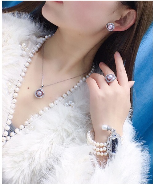 Pure natural pearl Set and 925 sterling silverwith crystal NP870003(necklace- pair of earrings -ring whose size can be adjusted) +Jewelry storing box (Purple)