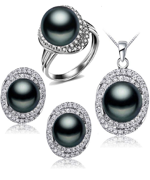 Pure natural pearl Set and 925 sterling silver with crystal NP870004(necklace- pair of earrings -ring whose size can be adjusted) +Jewelry storing box (Black)