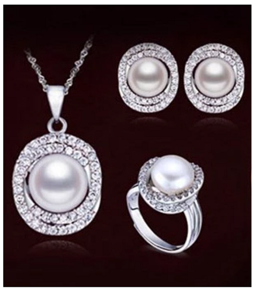 Pure natural pearl Set and 925 sterling silver with crystal NP870004(necklace- pair of earrings -ring whose size can be adjusted)+Jewelry storing box (White)