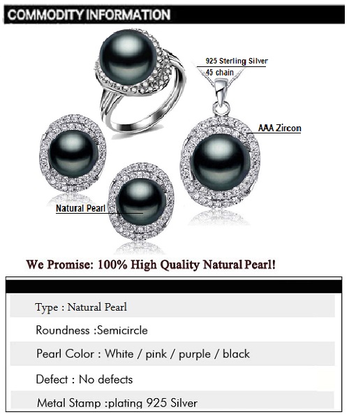 Pure natural pearl Set and 925 sterling silver with crystal NP870004(necklace- pair of earrings -ring whose size can be adjusted) +Jewelry storing box (Black)