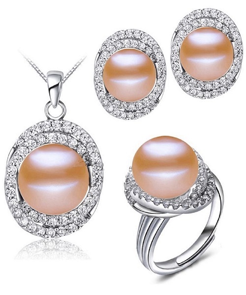 Pure natural pearl Set and 925 sterling silver with crystal NP870004(necklace- pair of earrings -ring whose size can be adjusted) +Jewelry storing box (Pink)
