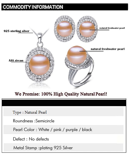 Pure natural pearl Set and 925 sterling silver with crystal NP870004(necklace- pair of earrings -ring whose size can be adjusted) +Jewelry storing box (Pink)