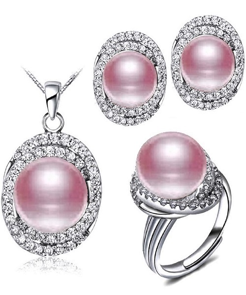 Pure natural pearl Set and 925 sterling silverwith crystal NP870004(necklace- pair of earrings -ring whose size can be adjusted) +Jewelry storing box (Purple)