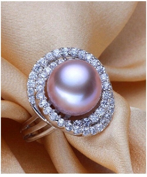 Pure natural pearl Set and 925 sterling silverwith crystal NP870004(necklace- pair of earrings -ring whose size can be adjusted) +Jewelry storing box (Purple)