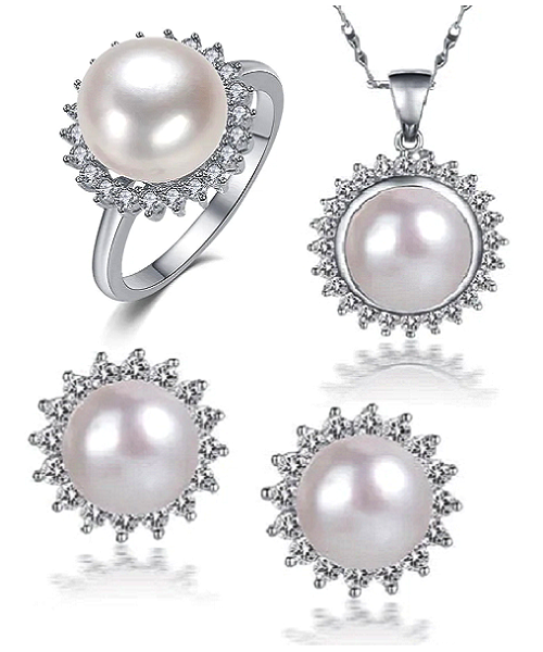 Pure natural pearl Set and 925 sterling silver with crystal NP870005 (necklace- pair of earrings -ring whose size can be adjusted)+Jewelry storing box (White)