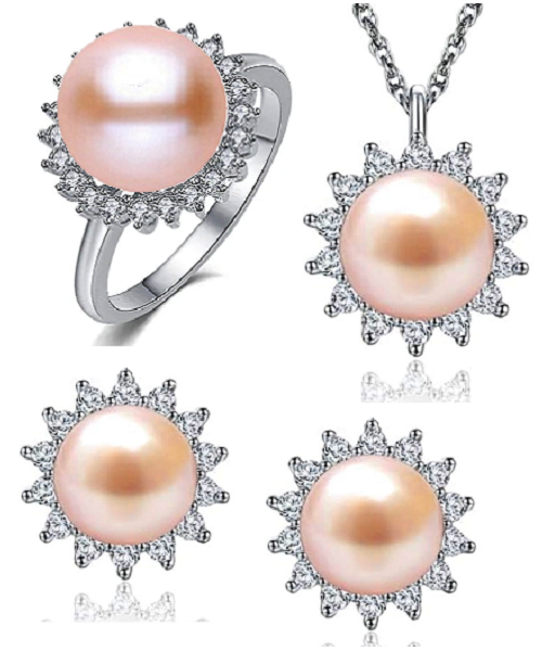 Pure natural pearl Set and 925 sterling silver with crystal NP870005(necklace- pair of earrings -ring whose size can be adjusted) +Jewelry storing box (Pink)